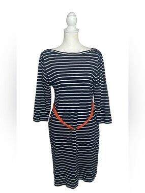 Ralph Lauren EUC Sz L Navy and White Striped Knit Dress Orange Rope Belt Preppy